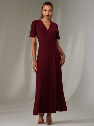 Angel Sleeve Wrapped Mesh Maxi Dress Burgundy