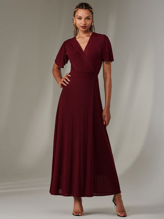 Angel Sleeve Wrapped Mesh Maxi Dress Burgundy