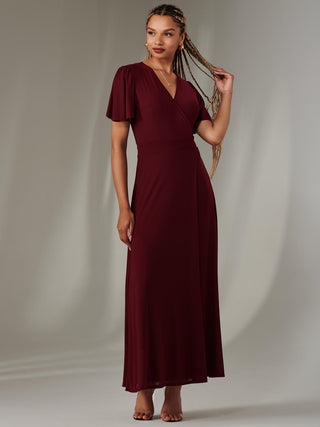 Plain Angel Sleeve Wrapped Maxi Dress, Burgundy