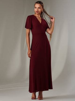 Angel Sleeve Wrapped Mesh Maxi Dress Burgundy