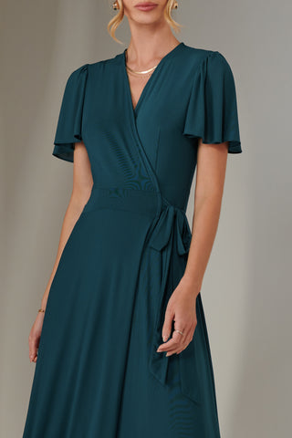 Angel Sleeve Wrapped Mesh Maxi Dress, Dark Teal