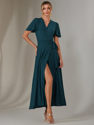 Plain Angel Sleeve Wrapped Maxi Dress, Dark Teal