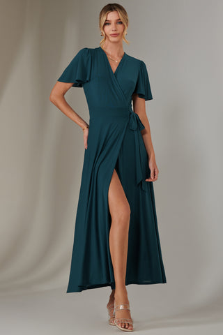 Angel Sleeve Wrapped Mesh Maxi Dress, Dark Teal