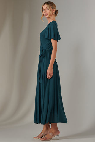 Angel Sleeve Wrapped Mesh Maxi Dress, Dark Teal