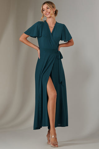 Angel Sleeve Wrapped Mesh Maxi Dress, Dark Teal