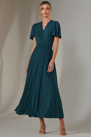 Angel Sleeve Wrapped Mesh Maxi Dress, Dark Teal