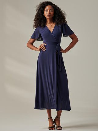 Plain Angel Sleeve Wrapped Maxi Dress, Navy