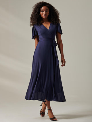 Plain Angel Sleeve Wrapped Maxi Dress, Navy