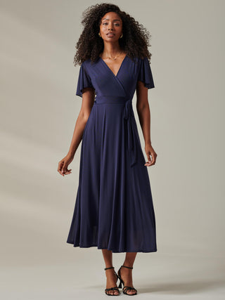 Plain Angel Sleeve Wrapped Maxi Dress, Navy