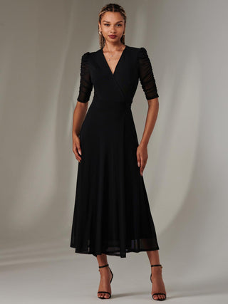 Zeena Plain Wrap Mesh Maxi Dress, Black Jolie Moi Retail Zeena Plain Wrap Mesh Maxi Dress, Black Jolie Moi Retail