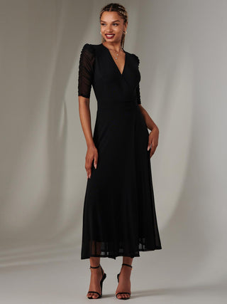 Zeena Plain Wrap Mesh Maxi Dress, Black