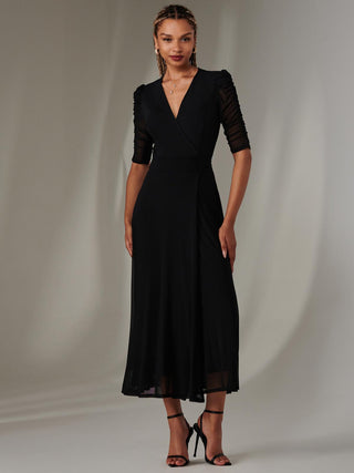 Zeena Plain Wrap Mesh Maxi Dress, Black Jolie Moi Retail Zeena Plain Wrap Mesh Maxi Dress, Black Jolie Moi Retail