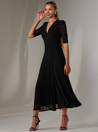 Zeena Plain Wrap Mesh Maxi Dress, Black