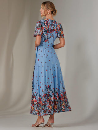 Mirror Print Mesh Wrap Maxi Dress, Blue Floral