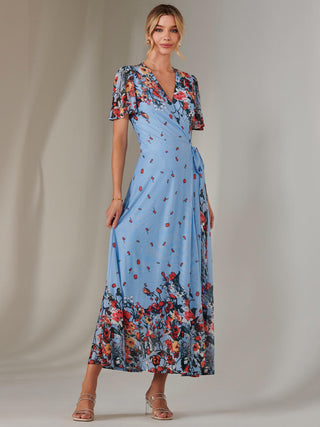 Mirror Print Mesh Wrap Maxi Dress, Blue Floral