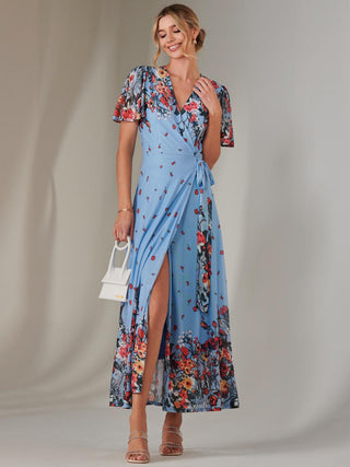 Mirror Print Mesh Wrap Maxi Dress, Blue Floral