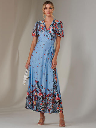 Mirror Print Mesh Wrap Maxi Dress, Blue Floral