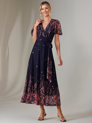 Mirror Print Mesh Wrap Maxi Dress, Navy Floral