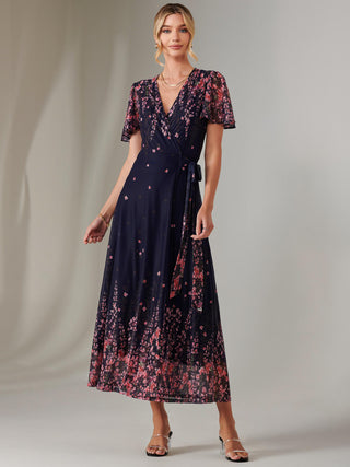 Mirror Print Mesh Wrap Maxi Dress, Navy Floral