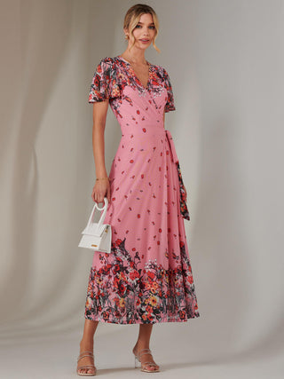 Mirror Print Mesh Wrap Maxi Dress, Pink Floral