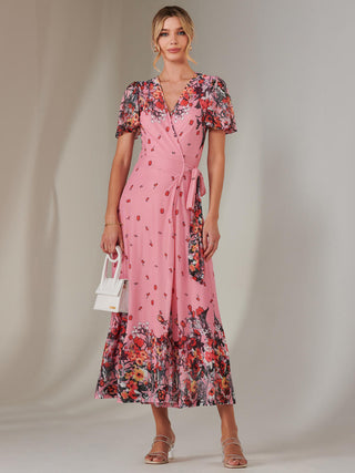 Mirror Print Mesh Wrap Maxi Dress, Pink Floral