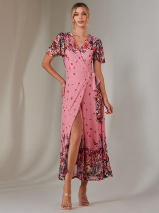 Mirror Print Mesh Wrap Maxi Dress, Pink Floral