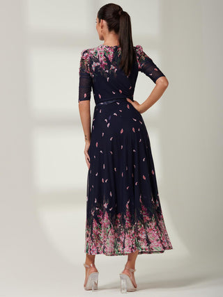 Elkana Mirrored Floral Mesh Maxi Dress, Navy Multi, 3/4 Sleeve Dress, Self Tie Waist, Wrap Dress, Front Side