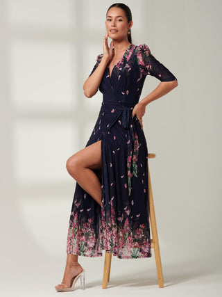 Elkana Mirrored Floral Mesh Maxi Dress, Navy Multi, Front Slit Detail, 3/4 Sleeve Dress, Self Tie Waist, Wrap Dress, Side Image