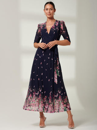 Floral Mesh Maxi Dress, Navy Multi, V-neckline, 3/4 Sleeve Dress, Self Tie Waist, Wrap Dress