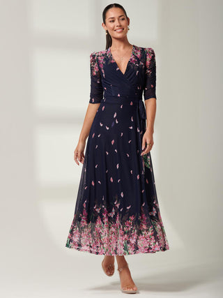Floral Mesh Maxi Dress, Navy Multi, V-neckline, 3/4 Sleeve Dress, Self Tie Waist, Wrap Dress, Front Side