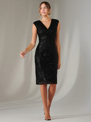 Qaya Sequin V Neck Shift Dress, Black