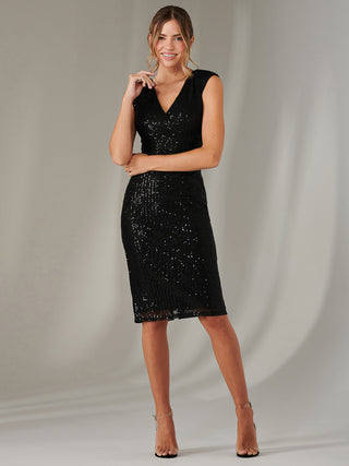 Qaya Sequin V Neck Shift Dress, Black