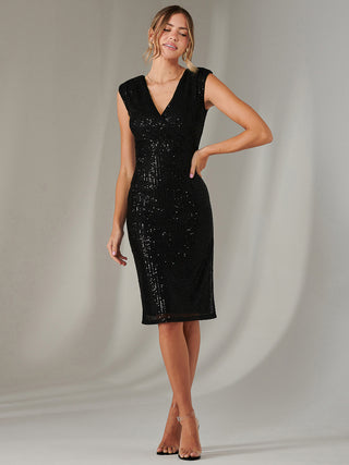 Qaya Sequin V Neck Shift Dress, Black