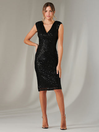 Qaya Sequin V Neck Shift Dress, Black