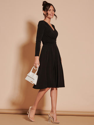 Long Sleeve Pleated Jersey Midi Dress, Black