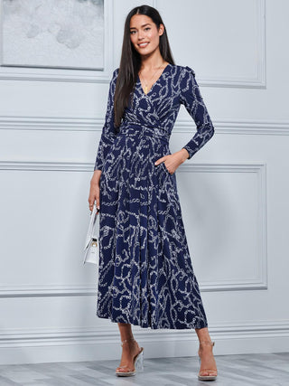 Chain Print Long Sleeve Maxi Dress, Navy