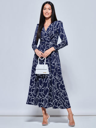 Chain Print Long Sleeve Maxi Dress, Navy