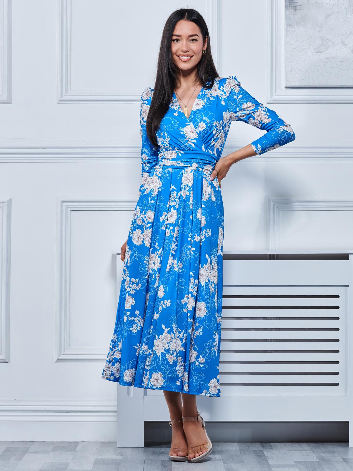 Long sleeve blue 2025 floral maxi dress