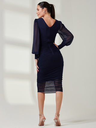 Long Sleeve Ruched Mesh Midi Dress, Navy – Jolie Moi Retail