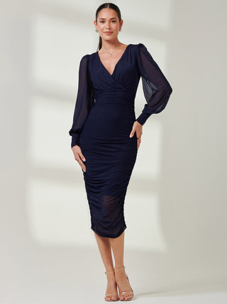 Long Sleeve Ruched Mesh Midi Dress, Navy