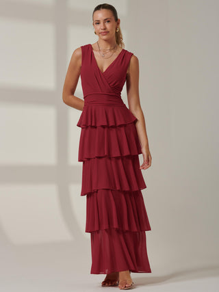 Plain Tiered Mesh Maxi Dress, Burgundy Jolie Moi Retail Plain Tiered Mesh Maxi Dress, Burgundy Jolie Moi Retail