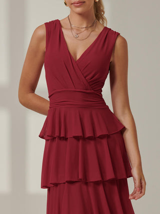 Plain Tiered Mesh Maxi Dress, Burgundy