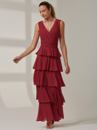 Plain Tiered Mesh Maxi Dress, Burgundy