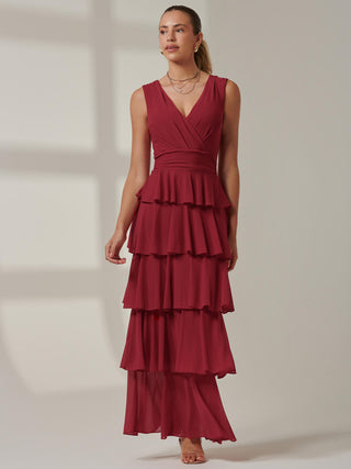 Plain Tiered Mesh Maxi Dress, Burgundy