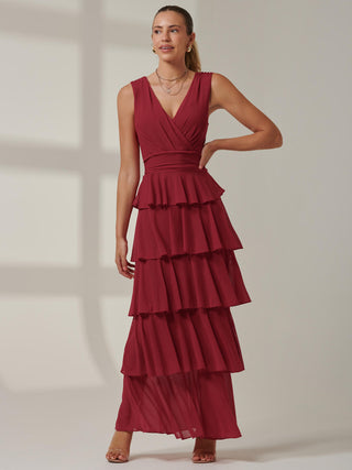Mesh Sleeveless Tiered Maxi Dress, Burgundy