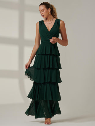Plain Tiered Mesh Maxi Dress, Dark Green Jolie Moi Retail Plain Tiered Mesh Maxi Dress, Dark Green Jolie Moi Retail