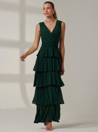 Plain Tiered Mesh Maxi Dress, Dark Green Jolie Moi Retail Plain Tiered Mesh Maxi Dress, Dark Green Jolie Moi Retail