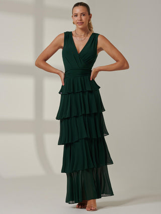 Plain Tiered Mesh Maxi Dress, Dark Green Plain Tiered Mesh Maxi Dress, Dark Green