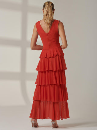 Plain Tiered Mesh Maxi Dress, Dark Orange