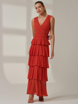 Plain Tiered Mesh Maxi Dress, Dark Orange